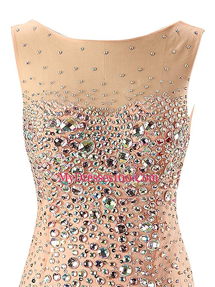 Cute Champagne Mermaid Scoop Sleeveless Tulle Floor Length Zipper Beading Prom Evening Gown