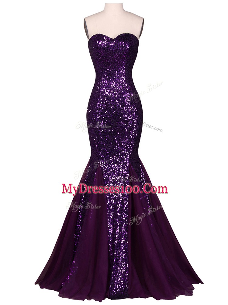 Sleeveless Floor Length Sequins Lace Up with Purple