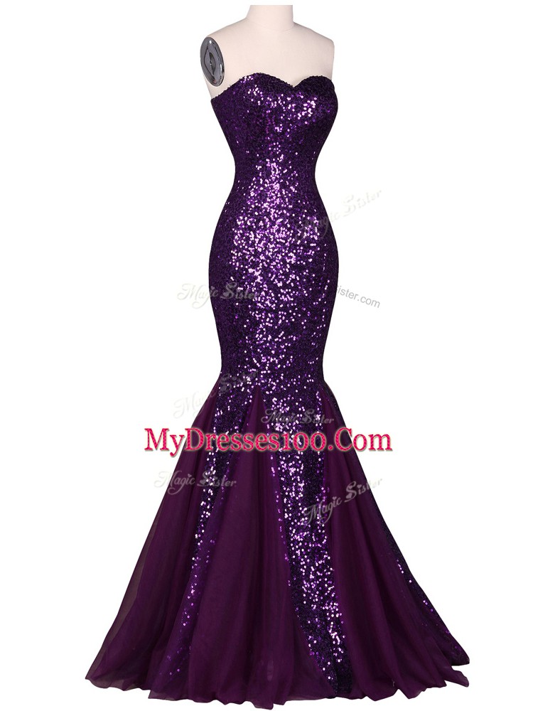Sleeveless Floor Length Sequins Lace Up with Purple