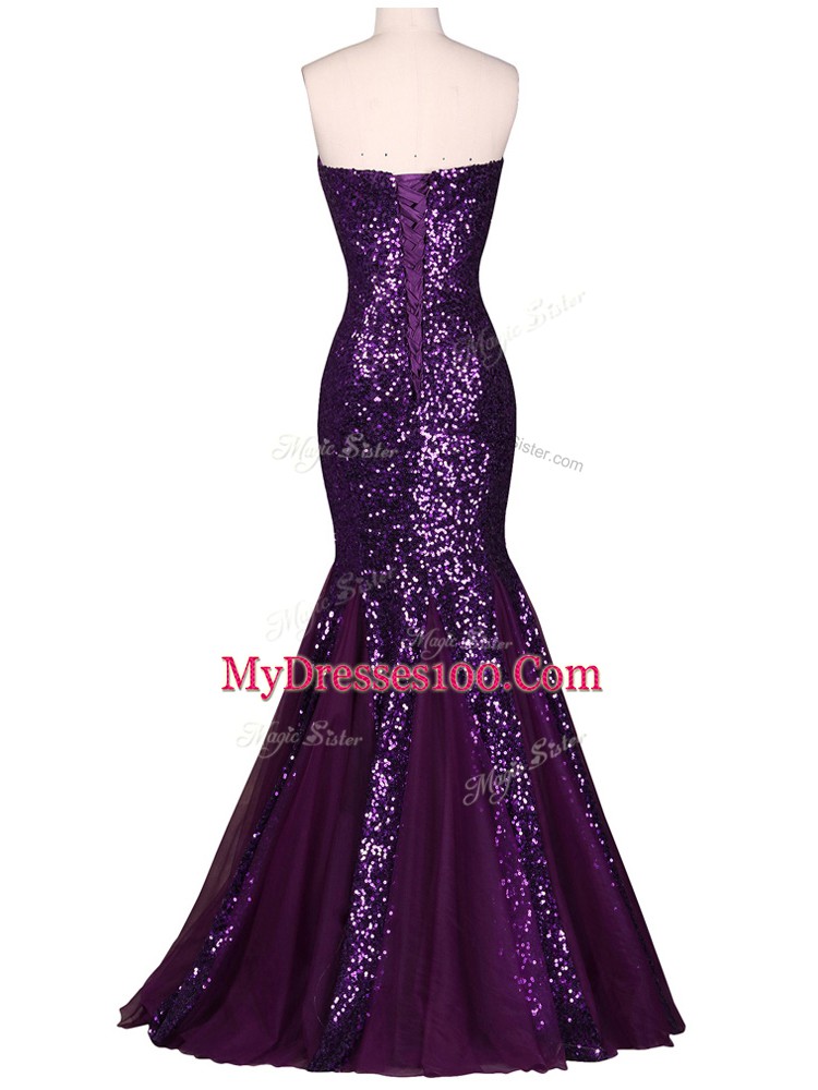 Sleeveless Floor Length Sequins Lace Up with Purple