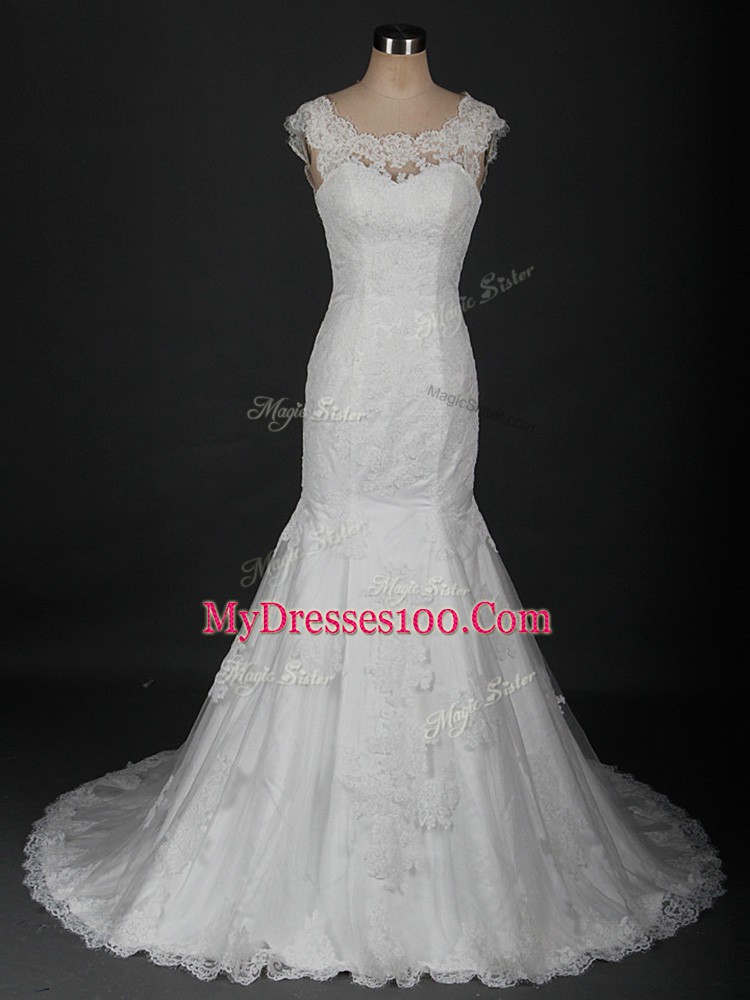 Great Mermaid Sleeveless White Wedding Dress Brush Train Clasp Handle