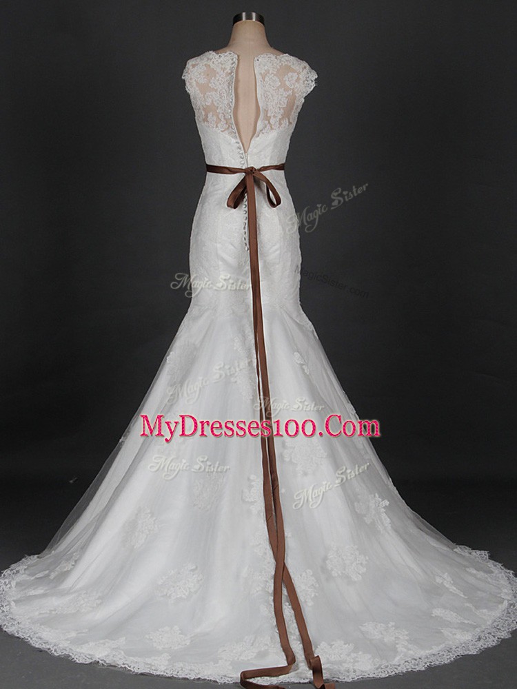 Great Mermaid Sleeveless White Wedding Dress Brush Train Clasp Handle