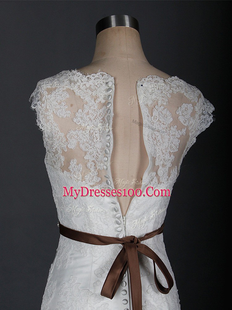 Great Mermaid Sleeveless White Wedding Dress Brush Train Clasp Handle