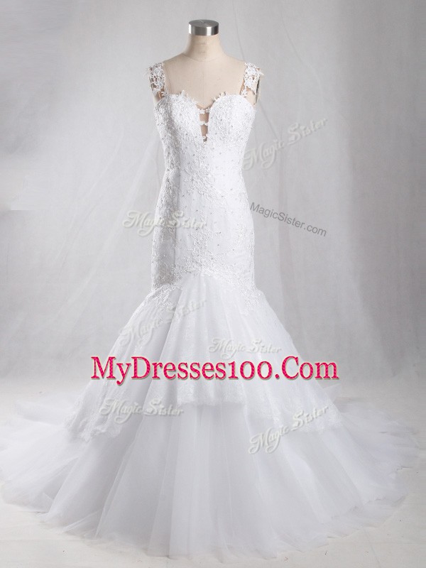 Elegant Sleeveless Brush Train Lace Clasp Handle Wedding Gowns