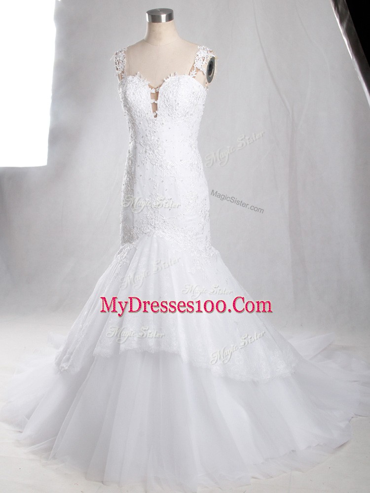 Elegant Sleeveless Brush Train Lace Clasp Handle Wedding Gowns