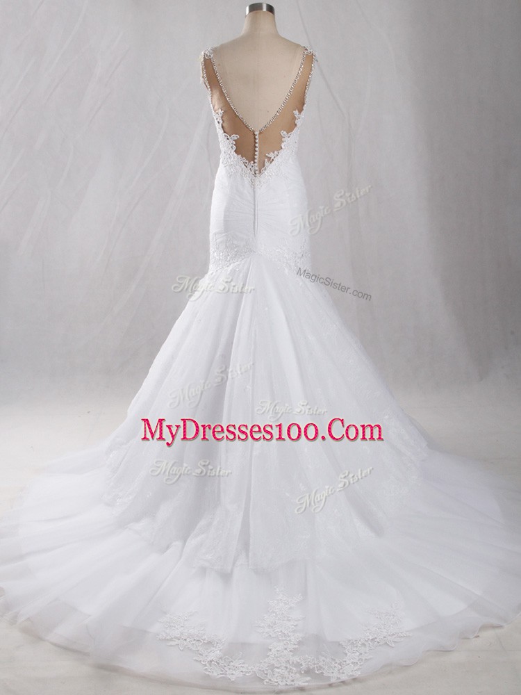 Elegant Sleeveless Brush Train Lace Clasp Handle Wedding Gowns
