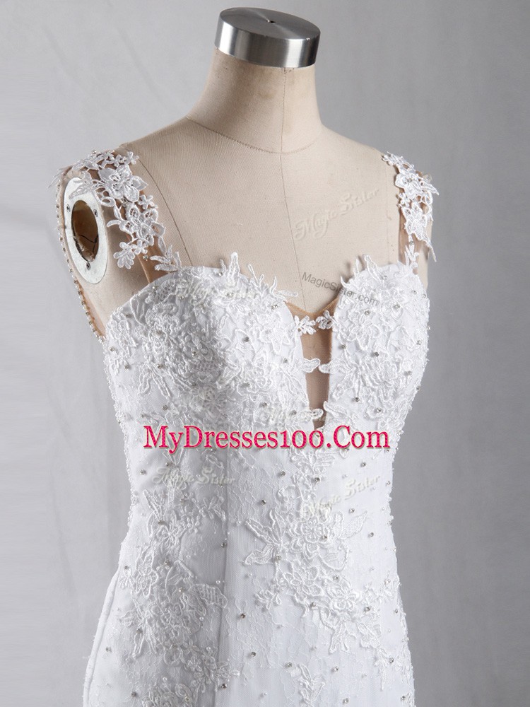 Elegant Sleeveless Brush Train Lace Clasp Handle Wedding Gowns