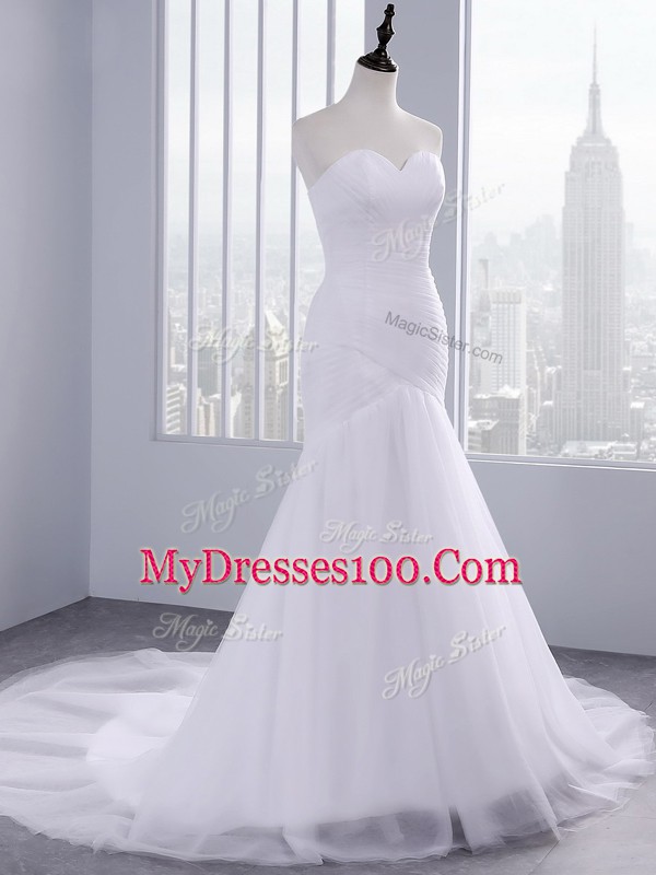 Adorable Court Train Mermaid Wedding Dress White Sweetheart Tulle Sleeveless Lace Up