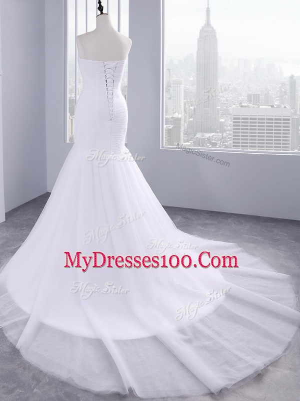 Adorable Court Train Mermaid Wedding Dress White Sweetheart Tulle Sleeveless Lace Up