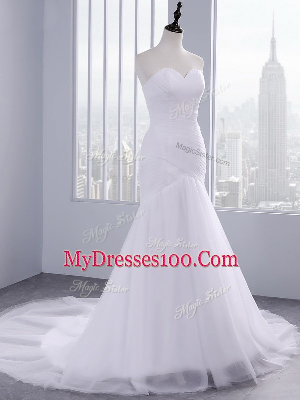 Adorable Court Train Mermaid Wedding Dress White Sweetheart Tulle Sleeveless Lace Up