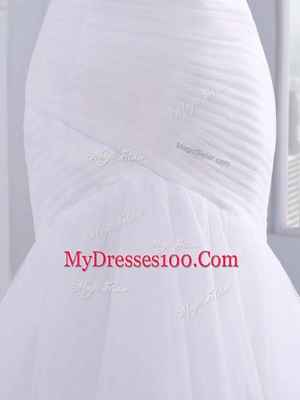 Adorable Court Train Mermaid Wedding Dress White Sweetheart Tulle Sleeveless Lace Up