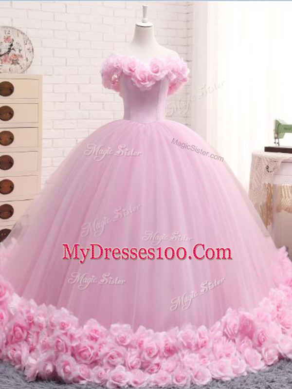 Off The Shoulder Sleeveless Tulle Vestidos de Quinceanera Hand Made Flower Brush Train Lace Up
