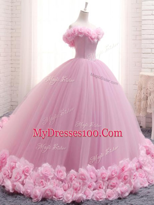 Off The Shoulder Sleeveless Tulle Vestidos de Quinceanera Hand Made Flower Brush Train Lace Up