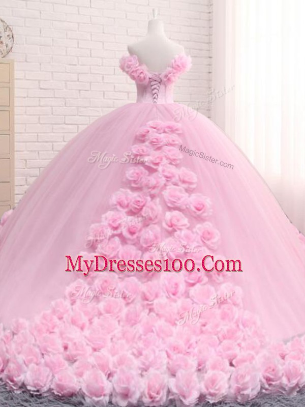 Off The Shoulder Sleeveless Tulle Vestidos de Quinceanera Hand Made Flower Brush Train Lace Up