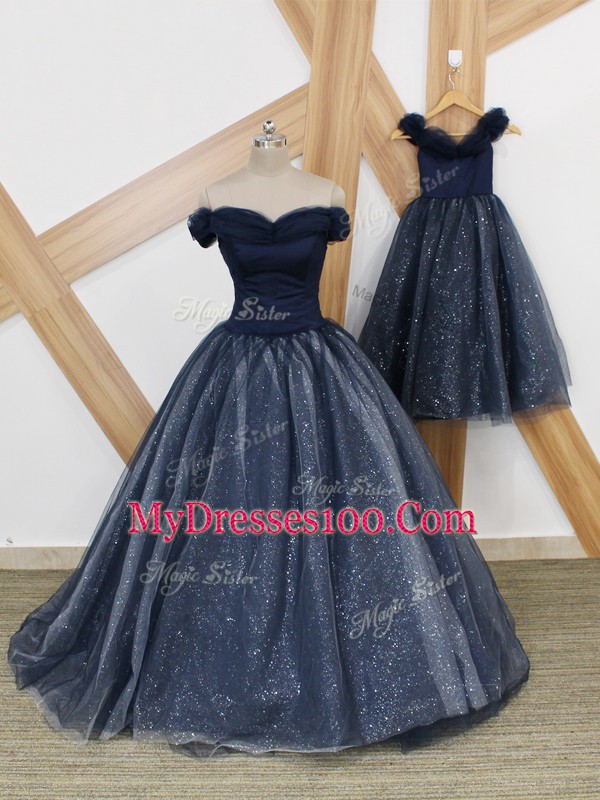 Lace Up Navy Blue for Prom and Party and Military Ball with Ruching Brush Train