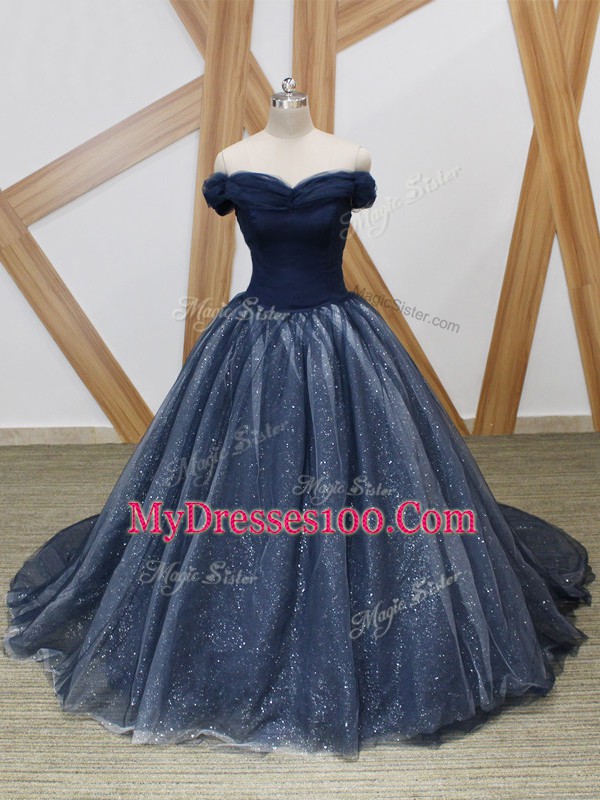 Lace Up Navy Blue for Prom and Party and Military Ball with Ruching Brush Train