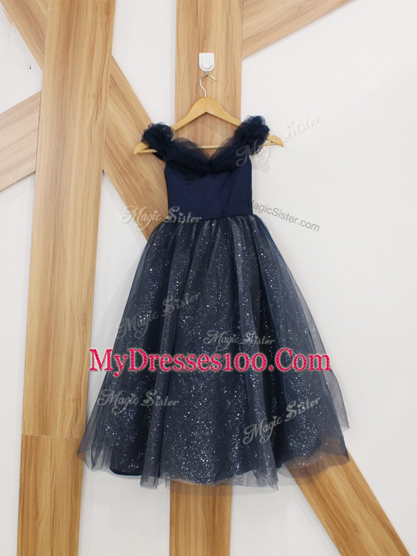 Lace Up Navy Blue for Prom and Party and Military Ball with Ruching Brush Train