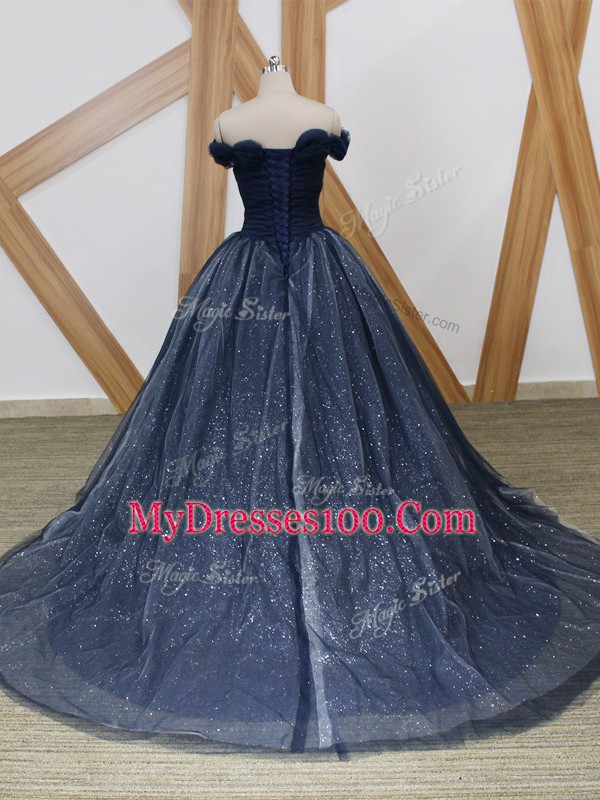 Lace Up Navy Blue for Prom and Party and Military Ball with Ruching Brush Train
