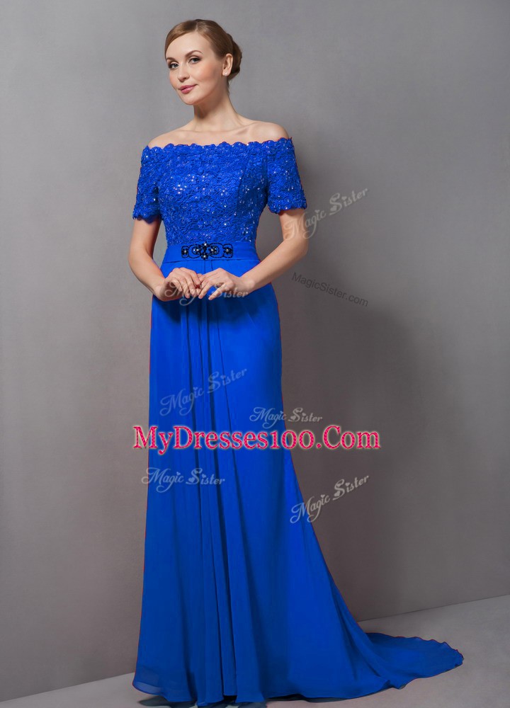 Traditional Blue Mother Of The Bride Dress Prom and Party with Lace Off The Shoulder Short Sleeves Sweep Train Zipper