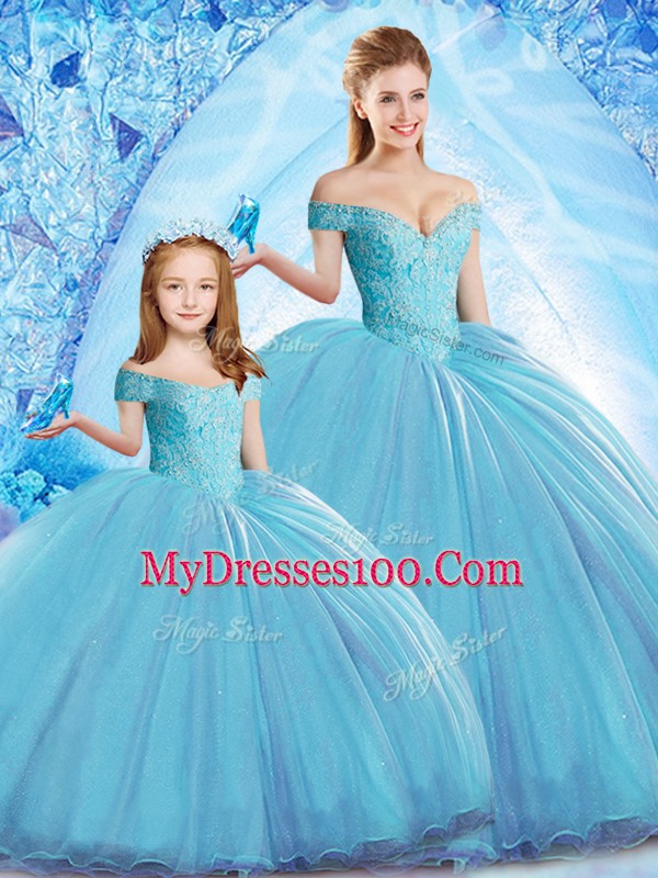 Organza Off The Shoulder Sleeveless Sweep Train Lace Up Beading Quince Ball Gowns in Baby Blue