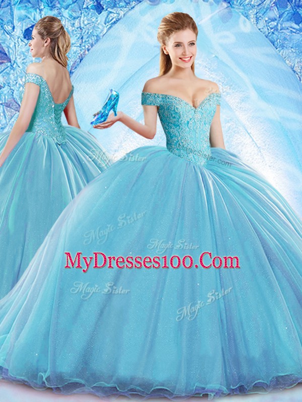 Organza Off The Shoulder Sleeveless Sweep Train Lace Up Beading Quince Ball Gowns in Baby Blue