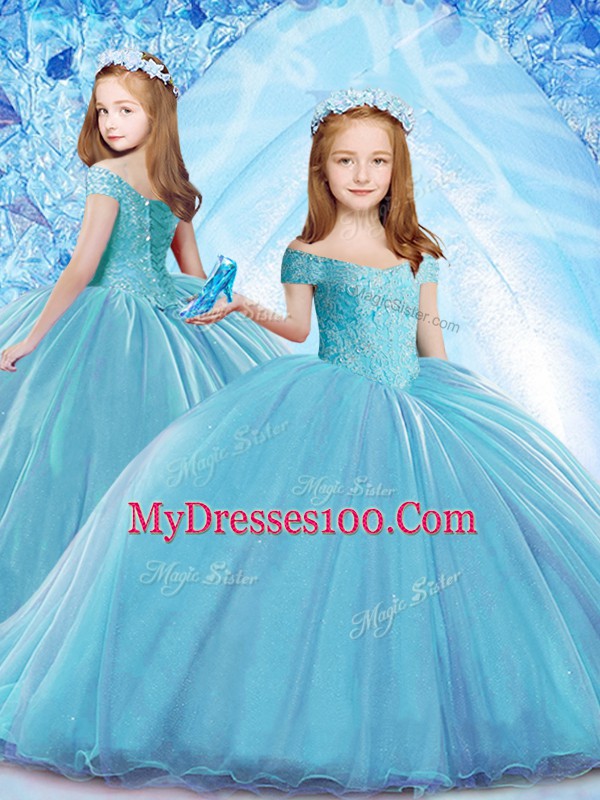 Organza Off The Shoulder Sleeveless Sweep Train Lace Up Beading Quince Ball Gowns in Baby Blue