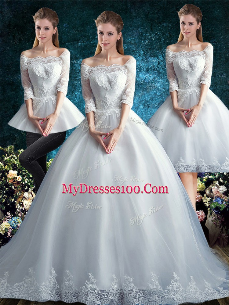 Beauteous Off The Shoulder Half Sleeves Tulle Wedding Dress Lace Court Train Clasp Handle