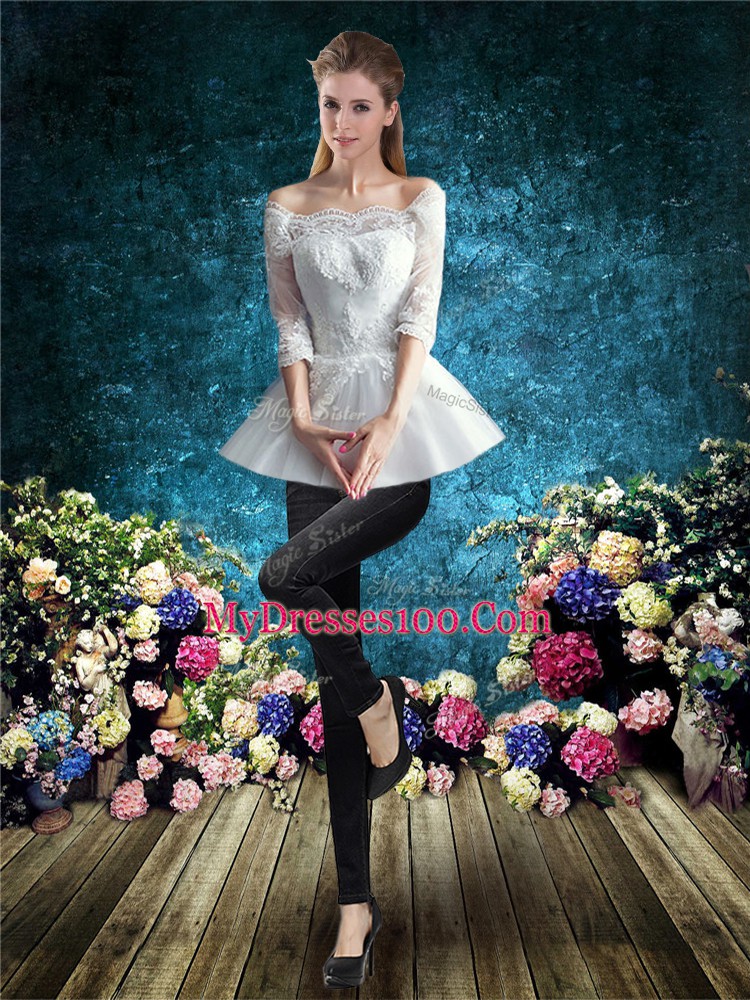 Beauteous Off The Shoulder Half Sleeves Tulle Wedding Dress Lace Court Train Clasp Handle