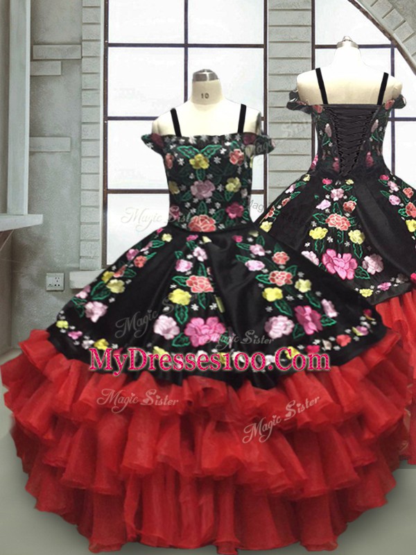 Sleeveless Organza Floor Length Lace Up Pageant Gowns For Girls in Red And Black with Embroidery and Ruffled Layers