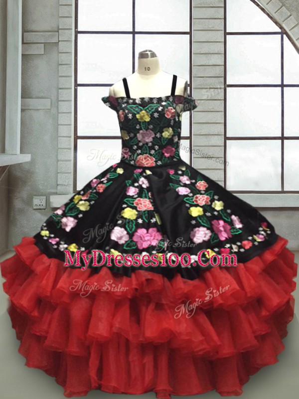 Sleeveless Organza Floor Length Lace Up Pageant Gowns For Girls in Red And Black with Embroidery and Ruffled Layers