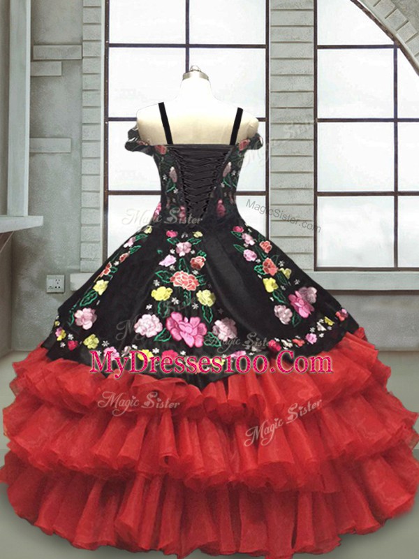 Sleeveless Organza Floor Length Lace Up Pageant Gowns For Girls in Red And Black with Embroidery and Ruffled Layers