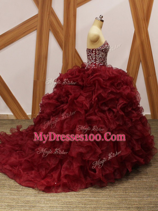 Perfect Brush Train Ball Gowns Sweet 16 Quinceanera Dress Burgundy Sweetheart Organza Sleeveless Lace Up