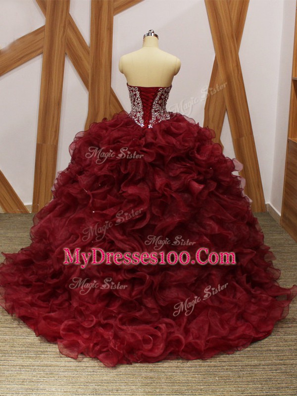 Perfect Brush Train Ball Gowns Sweet 16 Quinceanera Dress Burgundy Sweetheart Organza Sleeveless Lace Up