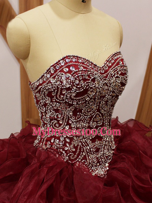 Perfect Brush Train Ball Gowns Sweet 16 Quinceanera Dress Burgundy Sweetheart Organza Sleeveless Lace Up