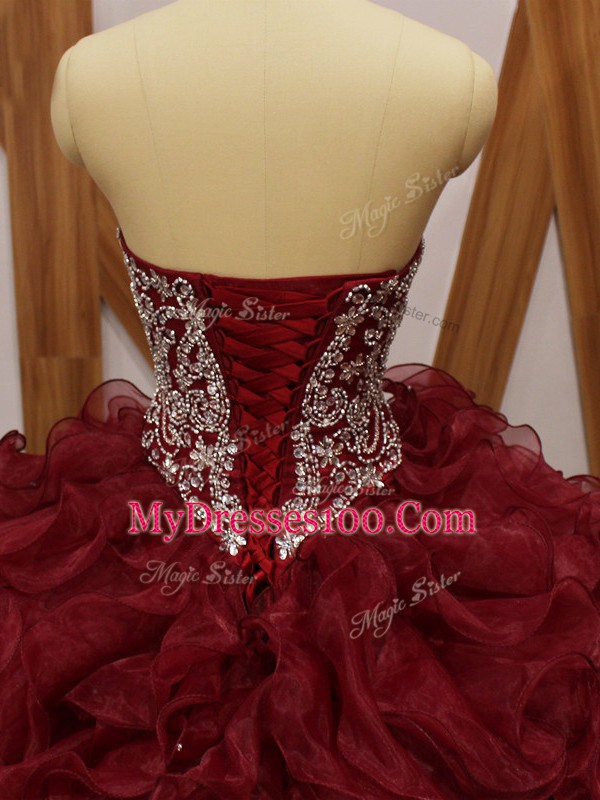 Perfect Brush Train Ball Gowns Sweet 16 Quinceanera Dress Burgundy Sweetheart Organza Sleeveless Lace Up