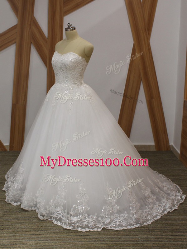 Fashion White Organza Lace Up Bridal Gown Sleeveless Brush Train Lace and Appliques