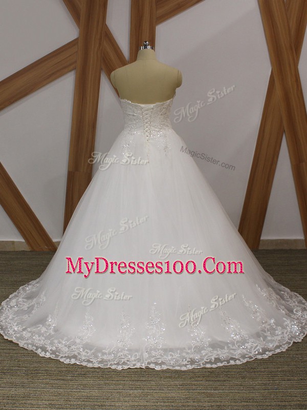 Fashion White Organza Lace Up Bridal Gown Sleeveless Brush Train Lace and Appliques
