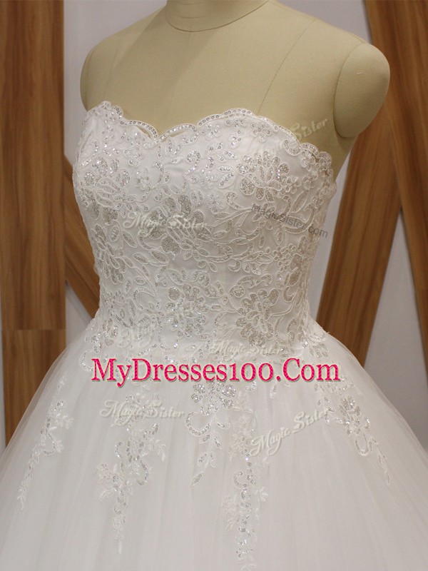 Fashion White Organza Lace Up Bridal Gown Sleeveless Brush Train Lace and Appliques