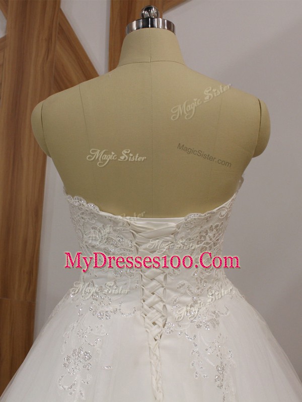 Fashion White Organza Lace Up Bridal Gown Sleeveless Brush Train Lace and Appliques