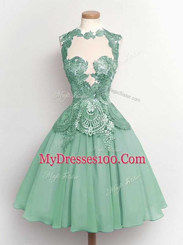 Custom Made Light Blue A-line High-neck Sleeveless Chiffon Knee Length Lace Up Lace Wedding Guest Dresses