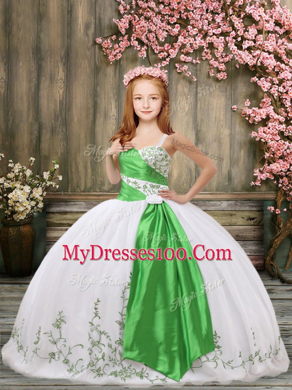 Latest White Straps Lace Up Embroidery and Belt Child Pageant Dress Sleeveless