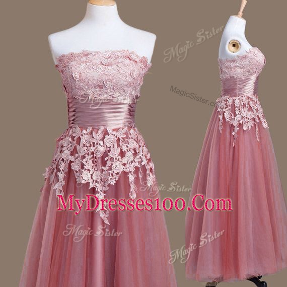 Modest Strapless Sleeveless Lace Up Quinceanera Court Dresses Pink Tulle