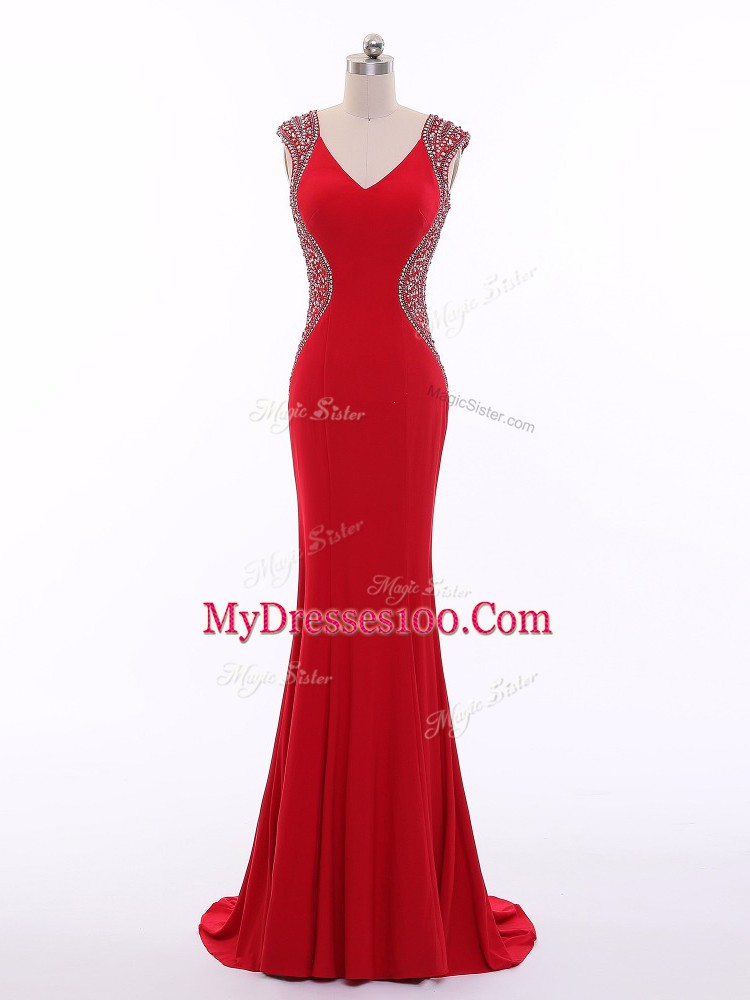 Latest Red Chiffon Zipper V-neck Sleeveless Prom Gown Brush Train Beading