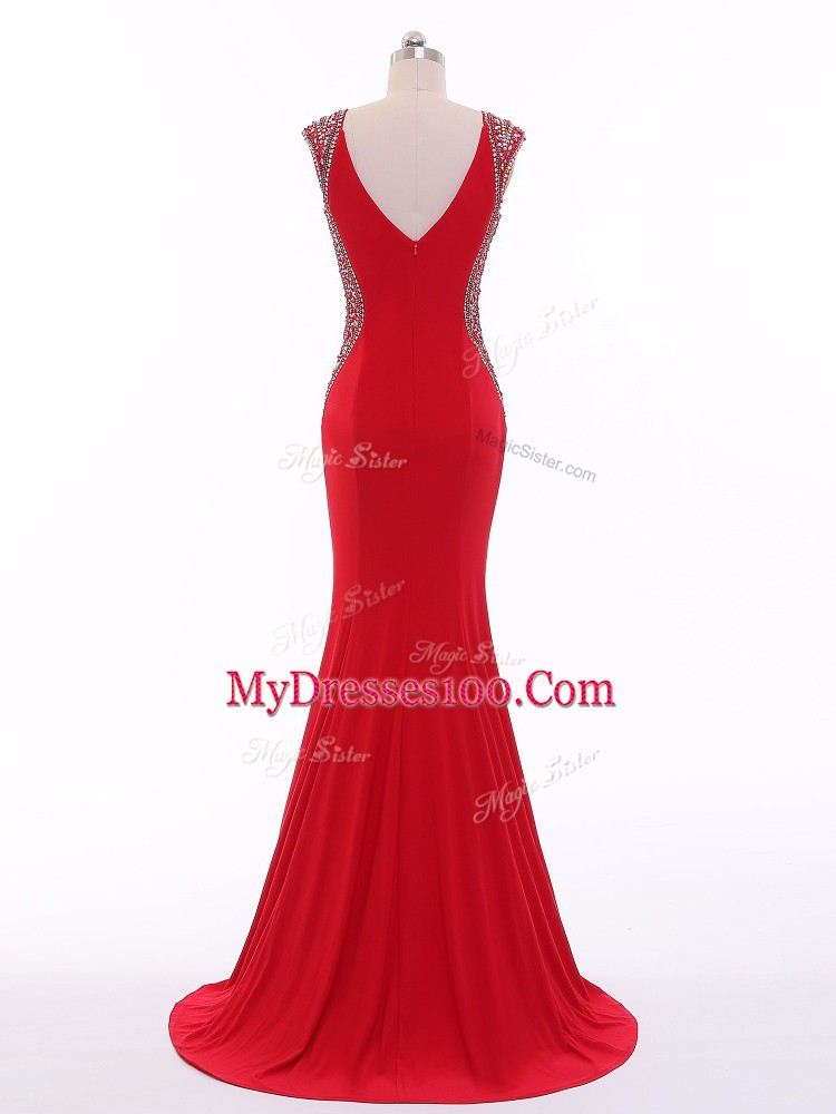 Latest Red Chiffon Zipper V-neck Sleeveless Prom Gown Brush Train Beading