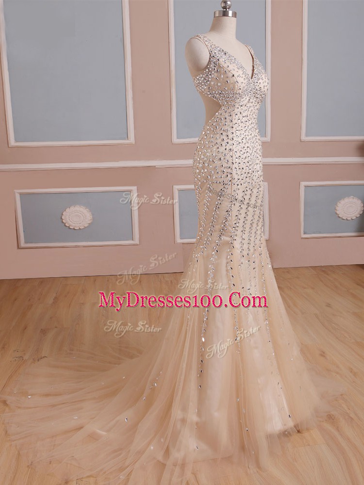 High Class V-neck Sleeveless Brush Train Criss Cross Dress for Prom Champagne Tulle