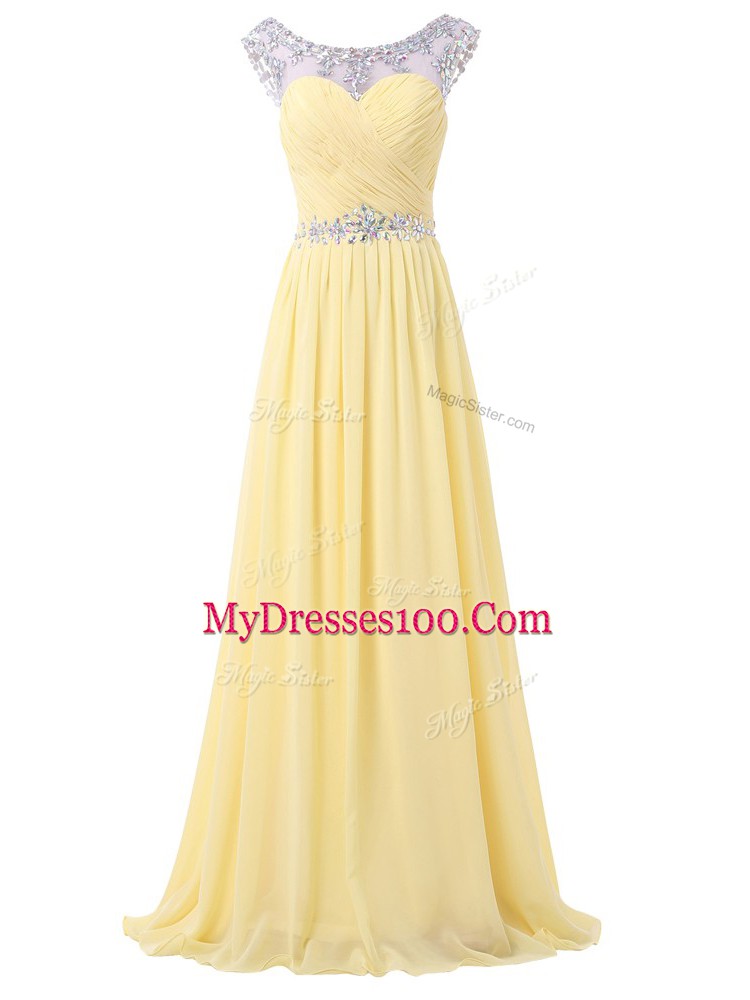 Light Yellow Chiffon Backless Scoop Sleeveless Floor Length Prom Homecoming Dress Beading and Ruching