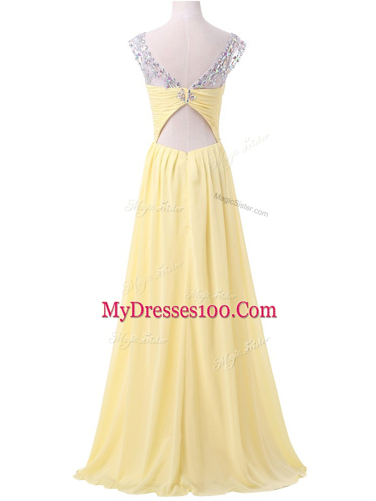 Light Yellow Chiffon Backless Scoop Sleeveless Floor Length Prom Homecoming Dress Beading and Ruching