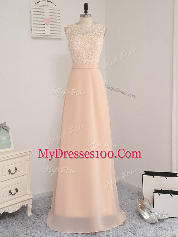 Chiffon Bateau Sleeveless Backless Lace Court Dresses for Sweet 16 in Peach