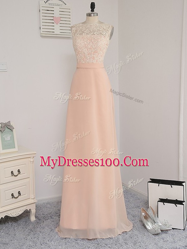 Chiffon Bateau Sleeveless Backless Lace Court Dresses for Sweet 16 in Peach
