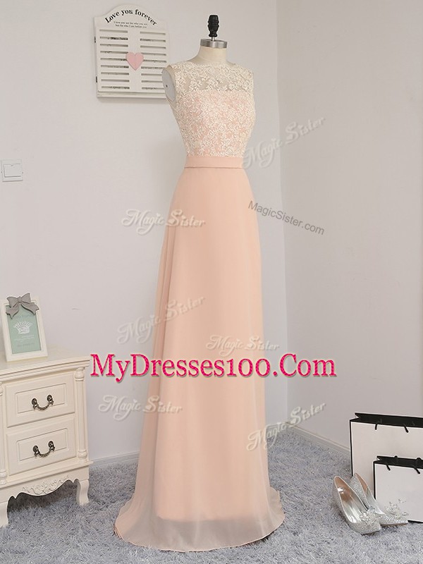 Chiffon Bateau Sleeveless Backless Lace Court Dresses for Sweet 16 in Peach